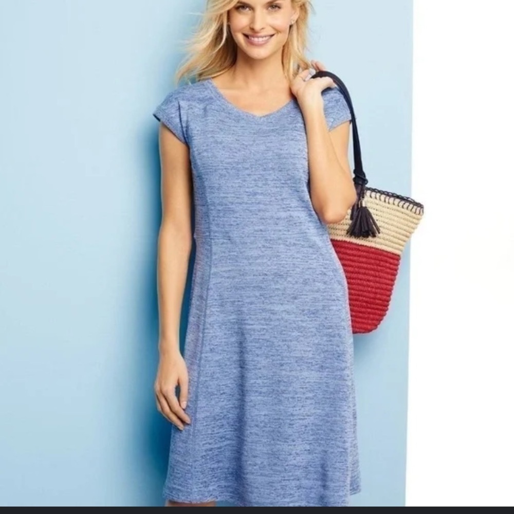 T‎ by TALBOTS - SIZE SMALL PETITE - HEATHERED SOFT BLUE DRESS - DEEP V-NECK B6